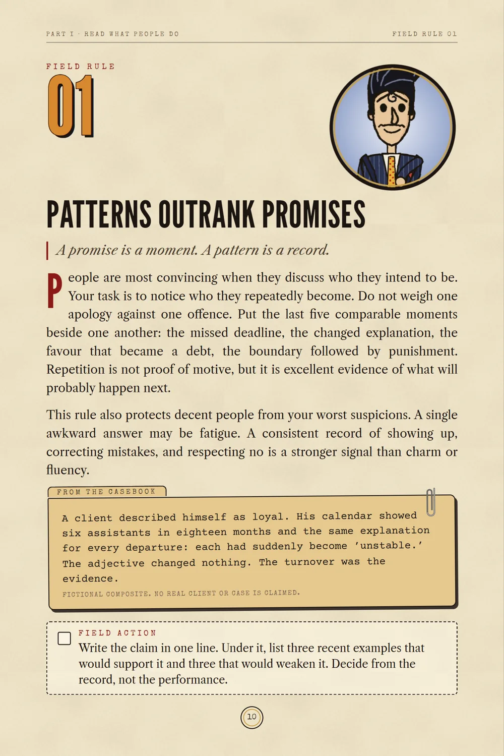 Rule 01: Patterns outrank promises. A real page from the casebook.